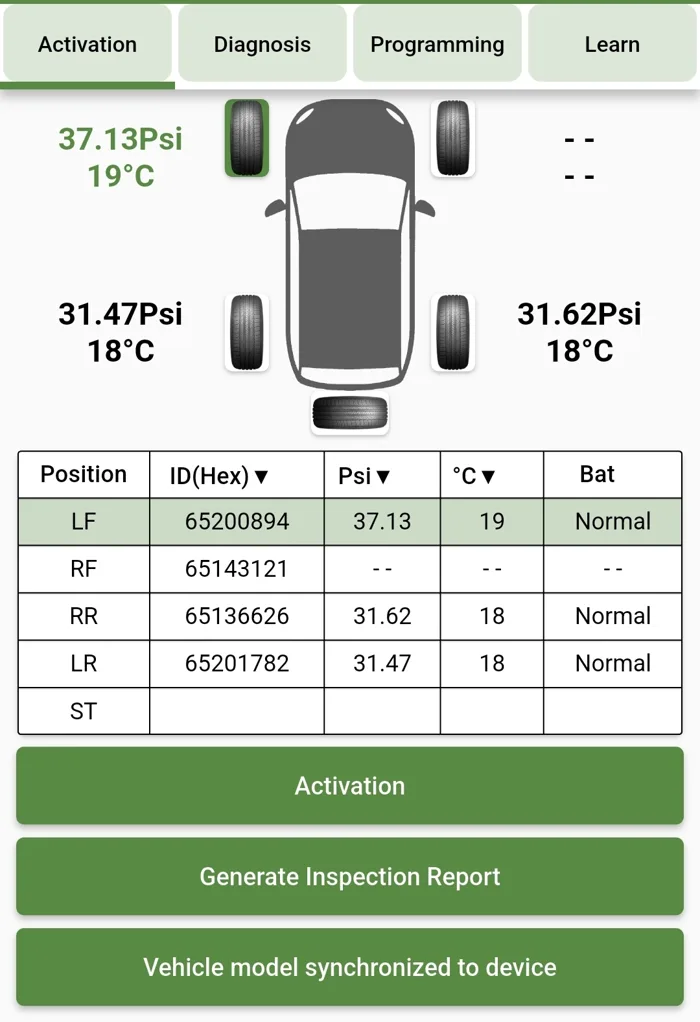App del DAM100DTO con presión, temperatura, ID y batería de cada llanta