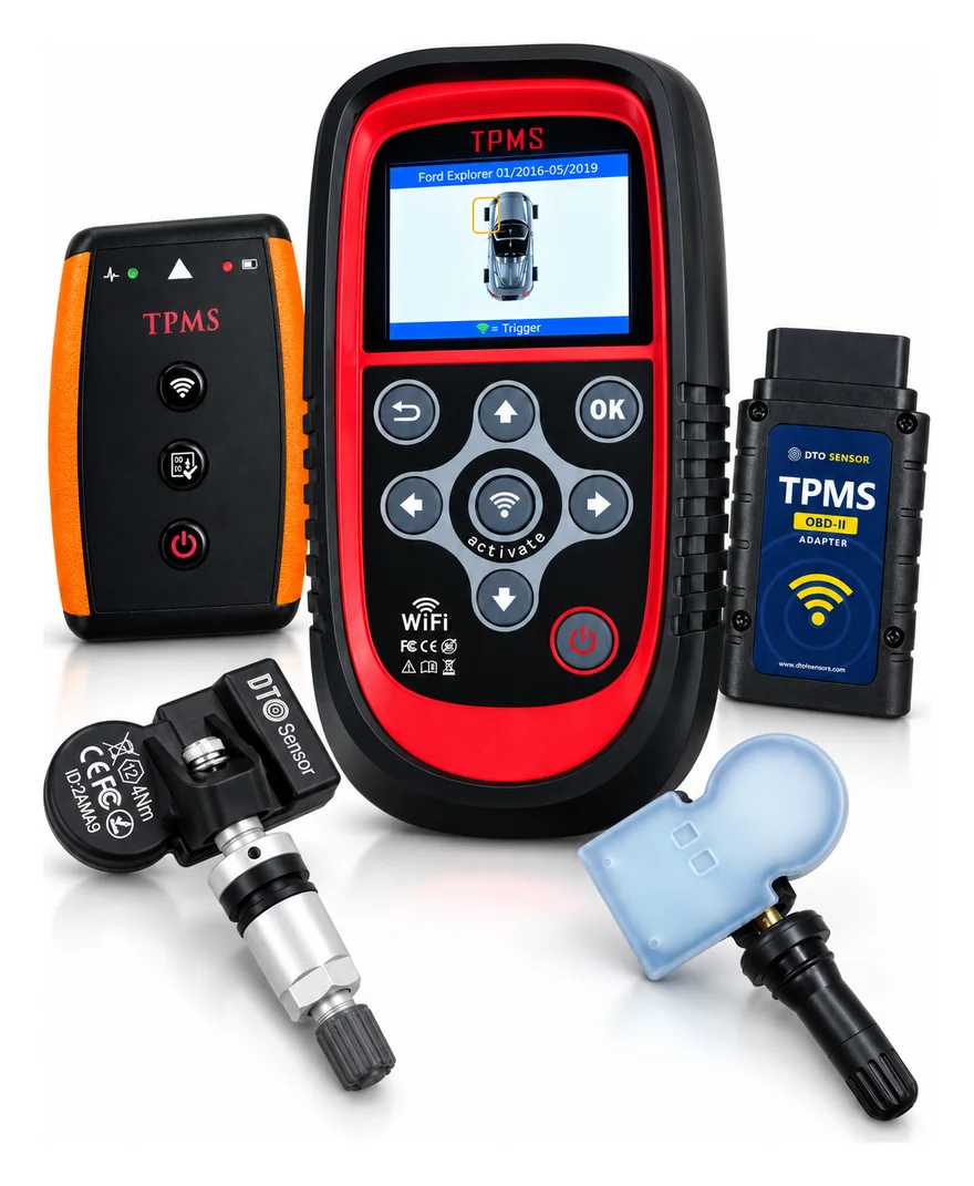 Productos DTO Sensor: herramienta DTO04, DAM100DTO, interfaz OBD-II y sensores TPMS con válvula metálica y de caucho