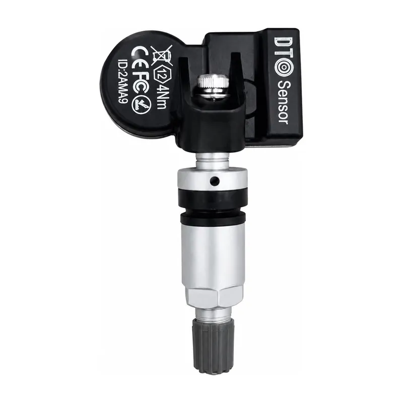 Sensor TPMS DTO Sensor con válvula metálica, vista frontal con logo DTO Sensor
